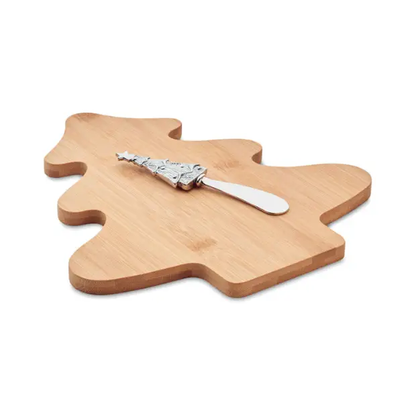 Tree-shaped bamboo cheeseboard set with knife, natural wood finish, ideal for serving cheeses and snacks.
