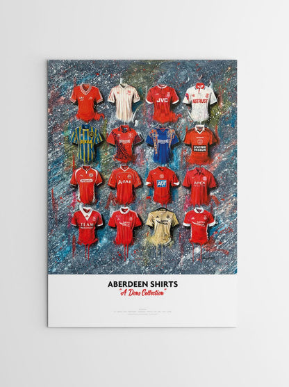 Limited edition signed print of Aberdeen FC shirts by Terry Kneeshaw Art, featuring detailed artwork of the iconic football jerseys.