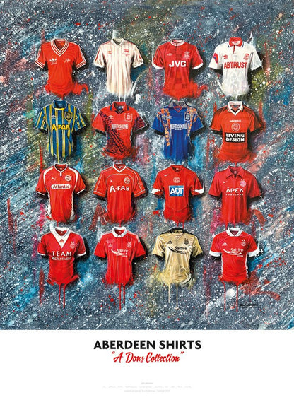 Limited edition Aberdeen FC shirts signed print by Terry Kneeshaw Art, showcasing detailed artwork of vintage team shirts.
