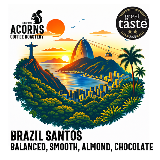 Medium roast Brazil Santos coffee from Acorns Coffee & Cake, featuring a smooth almond and chocolate flavor profile.