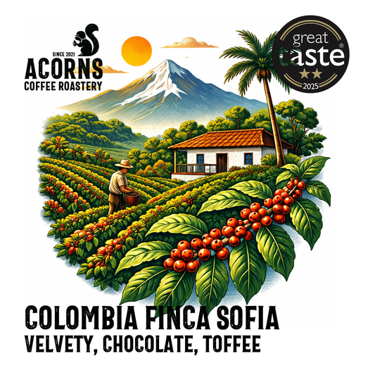 Colombia Finca Sofia coffee beans from Acorns Coffee & Cake, featuring toffee and caramel flavors in a bag.