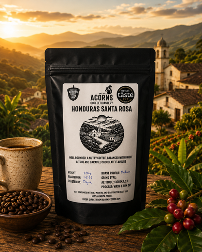 Honduras Santa Rosa medium roast coffee bag by Acorns Coffee & Cake, featuring colorful packaging and coffee beans illustration.