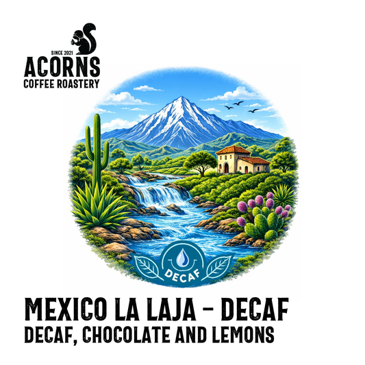 A cup of Mexico Mountain Water Decaf Coffee by Acorns Coffee & Cake, featuring lemon and chocolate flavors with a dark roasted appearance.
