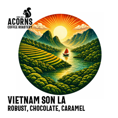 Vietnam Son La Medium Roast coffee by Acorns Coffee & Cake, featuring robust beans with caramel and chocolate notes.