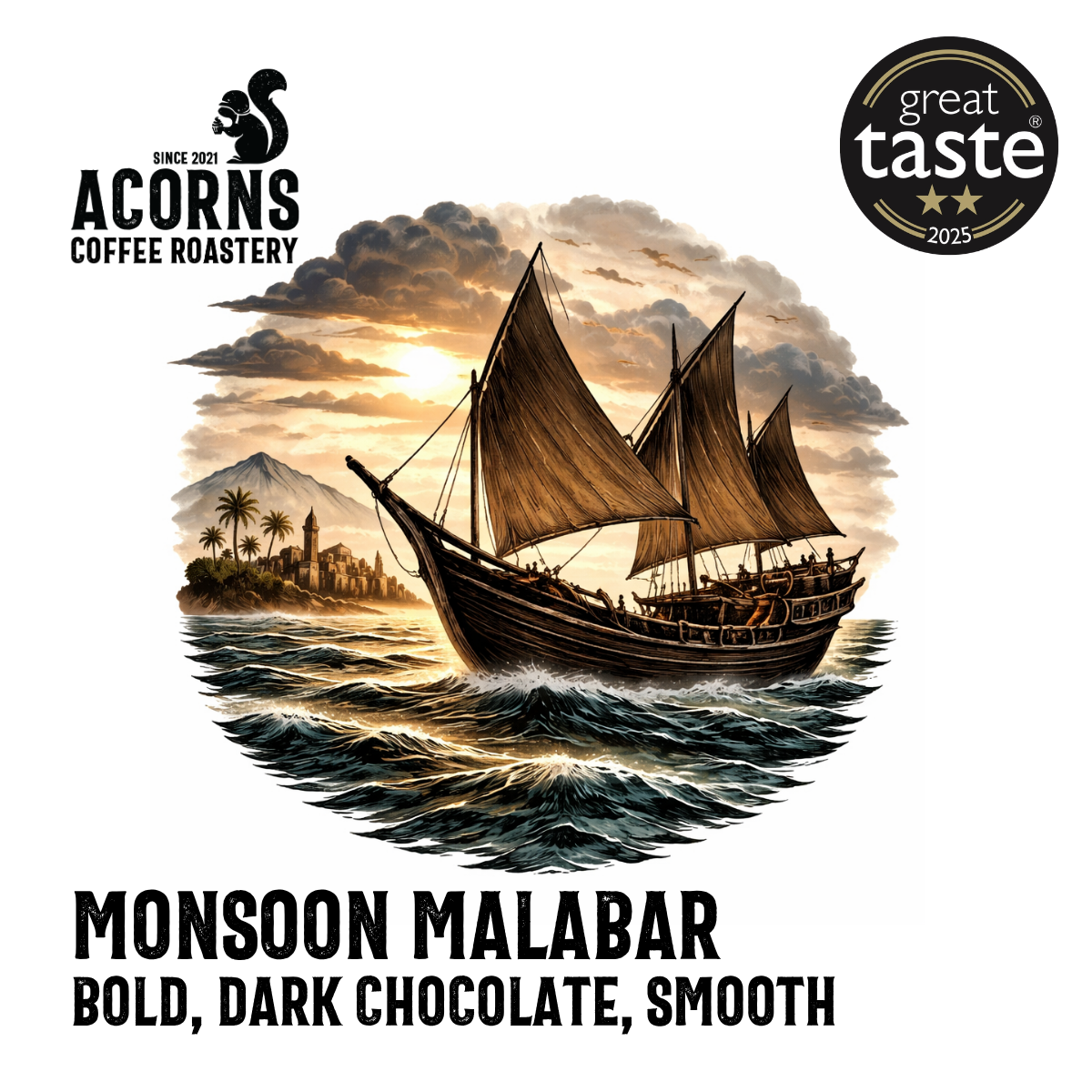 Bag of Acorns Coffee Monsooned Malabar Medium Roast coffee with dark chocolate notes and smooth texture, showcasing the product packaging.
