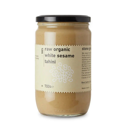 Raw Organic White Sesame Tahini spread from Whole Food Earth, creamy white sesame seed dip in a jar.