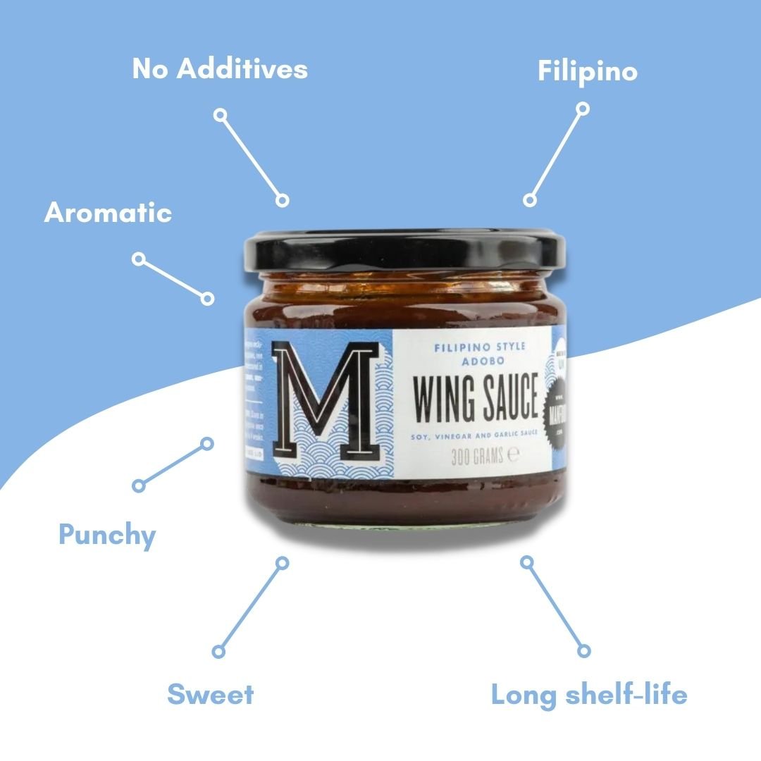 Bottle of Manfood Adobo Wing Sauce with a vibrant label, designed for flavorful chicken wings and grilling.