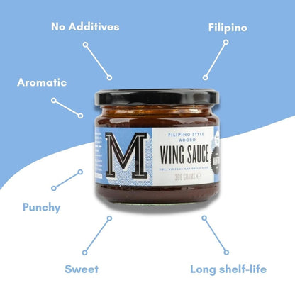 Bottle of Manfood Adobo Wing Sauce with a vibrant label, designed for flavorful chicken wings and grilling.