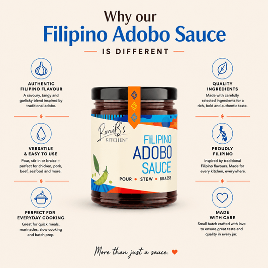 Bottle of RoniBs Kitchen Filipino Adobo Sauce, a rich and flavorful condiment for Philippine cuisine, displayed with clean label and info.