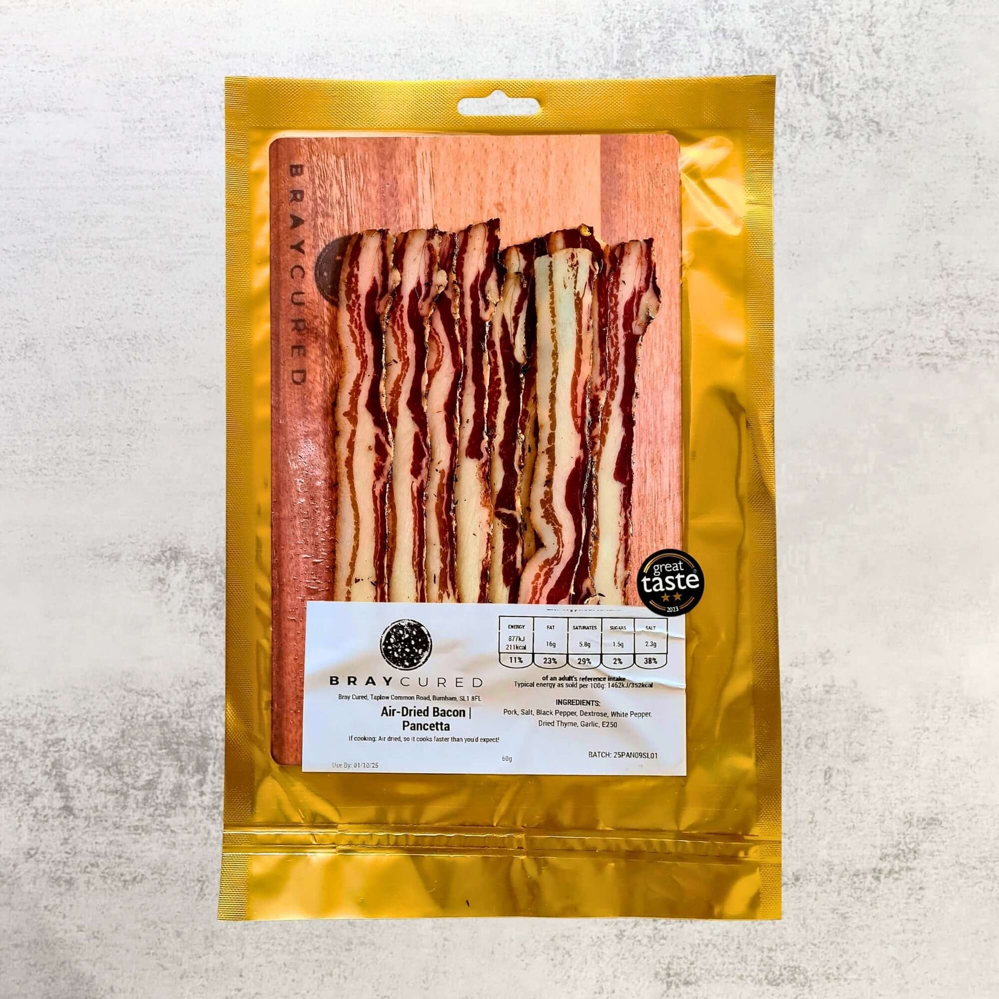 Bray Cured British Charcuterie Pizza Pack featuring air-dried bacon and pancetta slices on a white background.