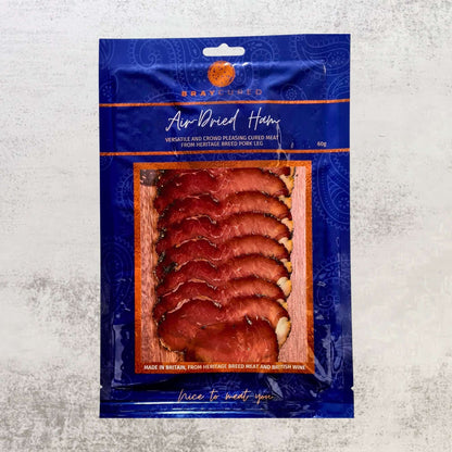 Air-dried ham from Bray Cured, part of the Bacchus Brut and British Charcuterie hamper, displayed in its packaging.