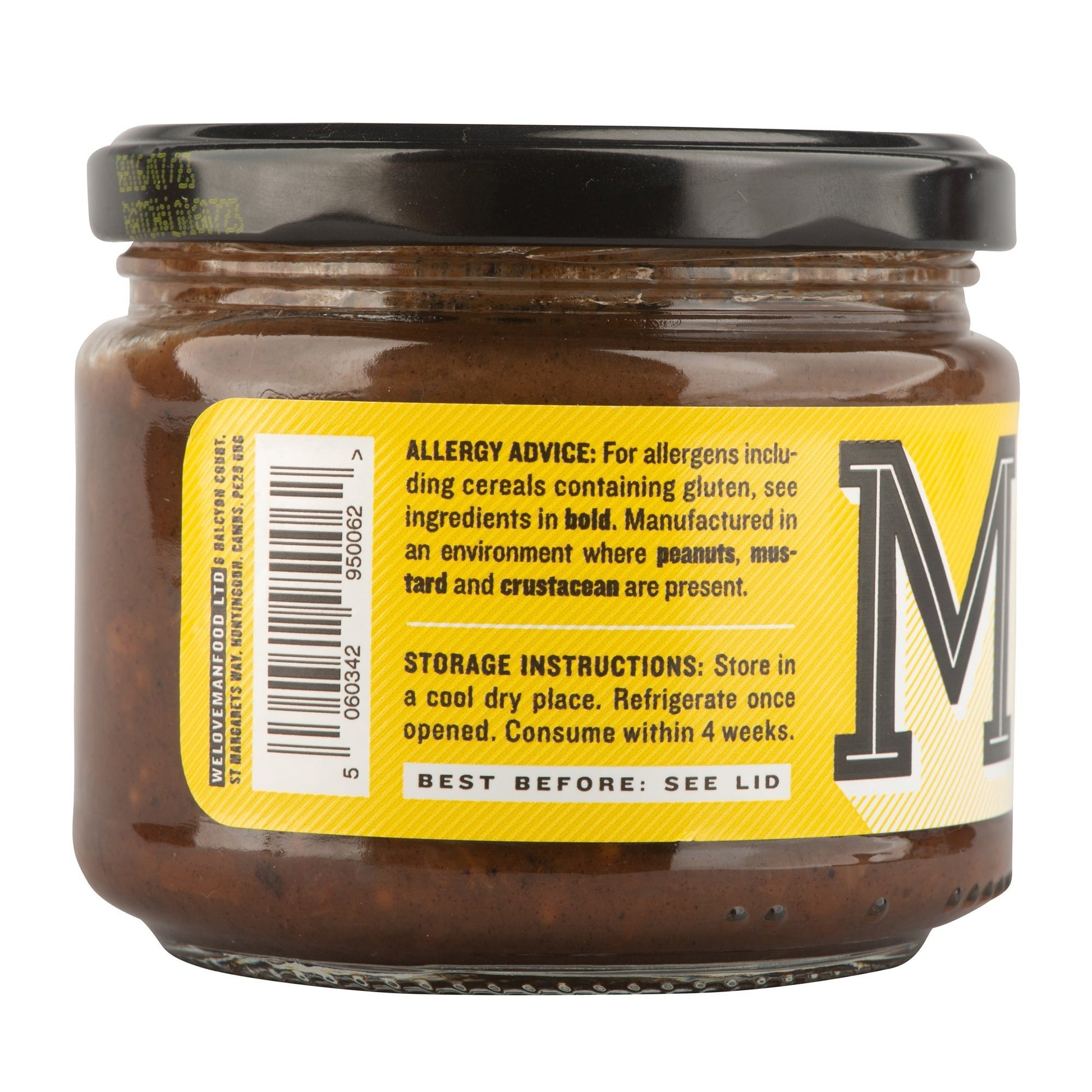 Bottle of Manfood Ale Chutney with a rich, dark color, showcasing its thick, flavorful chutney texture and label details.