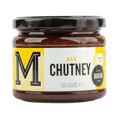Bottle of Manfood Ale Chutney with a rich, dark color and label, showcasing the flavorful condiment in a glass jar.