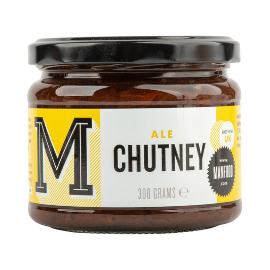 Bottle of Manfood Ale Chutney with a rich, dark color and label, showcasing the flavorful condiment in a glass jar.