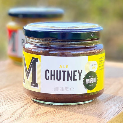 Manfood Ale Chutney jar showing rich, dark-colored chutney with a textured surface in a glass jar.