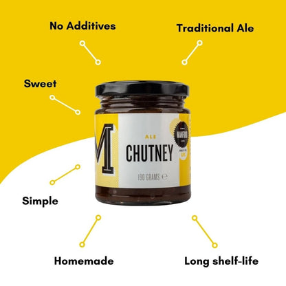 Manfood Ale Chutney in a jar, showcasing its rich, chunky texture and vibrant color, perfect for pairing with snacks or meals.
