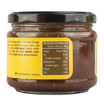 Manfood Ale Chutney jar showing rich, dark chutney with a textured surface in a clear glass jar.
