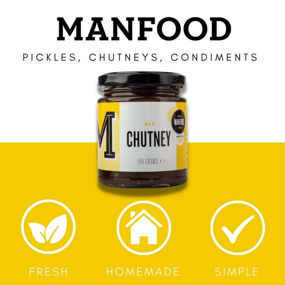 Manfood Ale Chutney in a jar, with a rich, flavorful blend of ale and spices, perfect for pairing with cheeses and snacks.