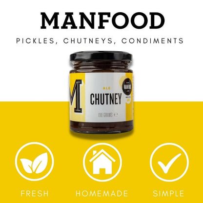 Manfood Ale Chutney in a jar, with a rich, flavorful blend of ale and spices, perfect for pairing with cheeses and snacks.