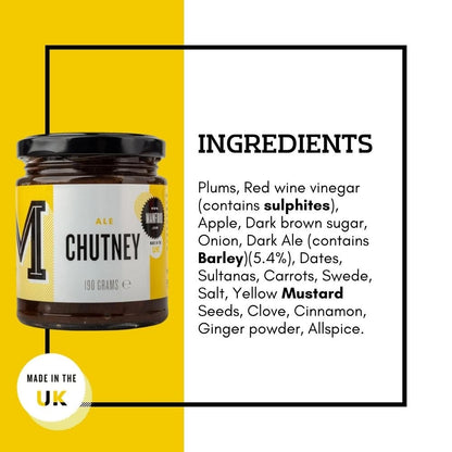 Manfood Ale Chutney jar showing rich, dark chutney with visible herbs and spices, ideal for pairing with cheeses or meats.