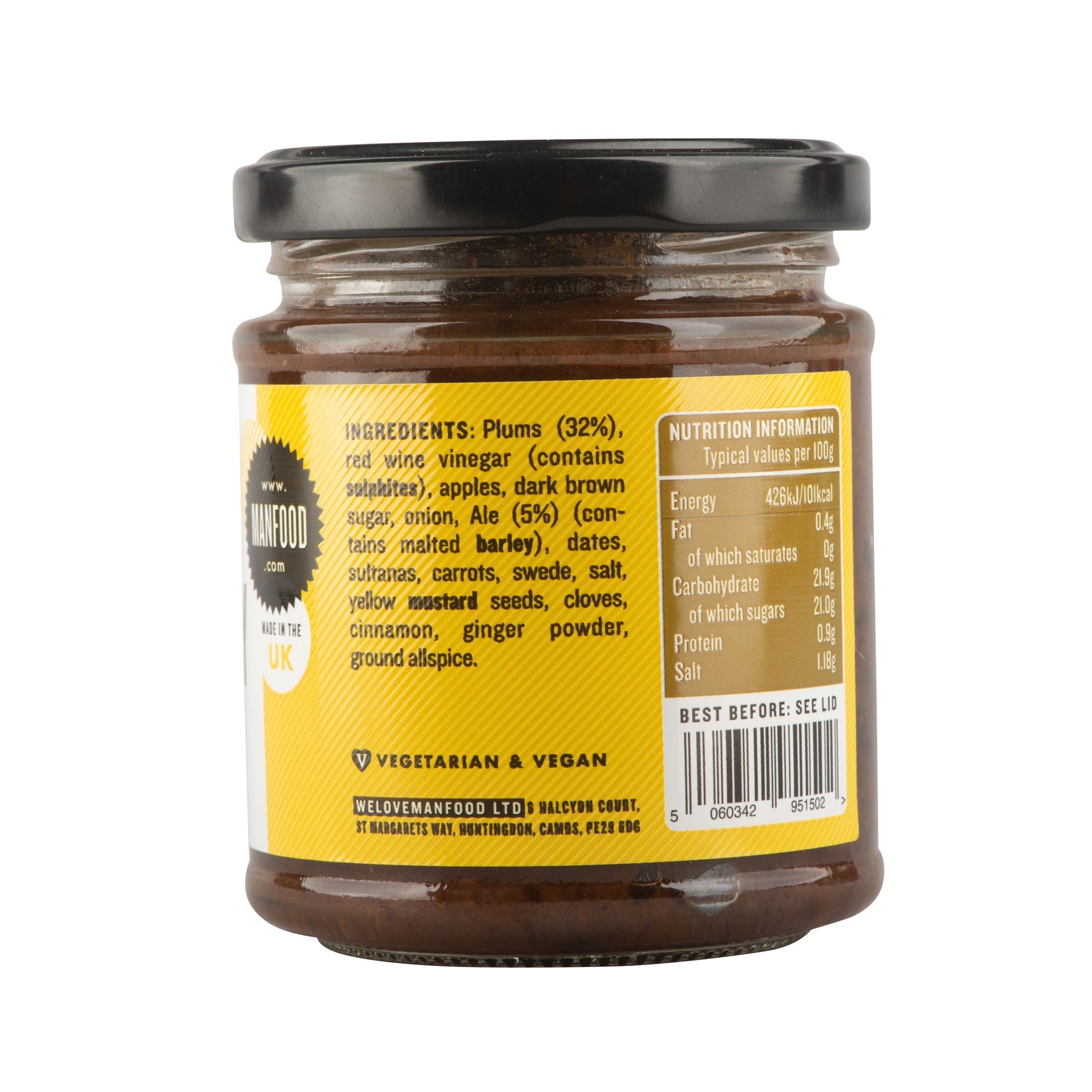 Manfood Ale Chutney jar showcasing a rich, flavorful chutney with visible herbs and spices in a glass jar.