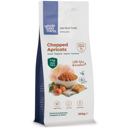 Dried chopped apricots in a pouch, Whole Food Earth brand, showing vibrant orange pieces of dried apricots on the packaging