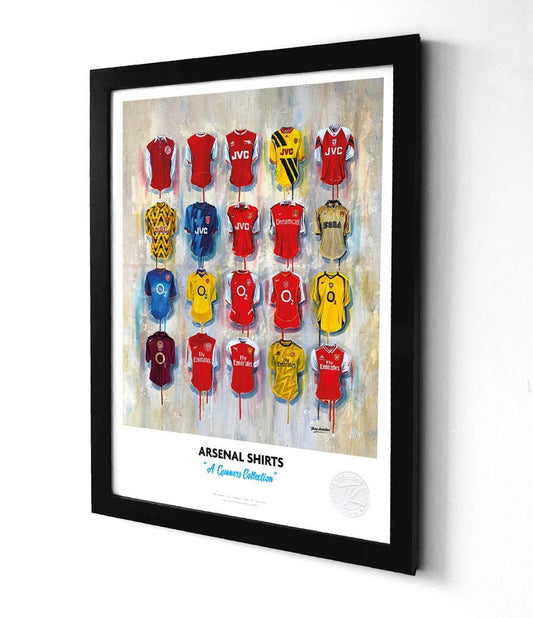 Limited edition Arsenal FC Gunners shirt history print by Terry Kneeshaw Art, featuring detailed artwork of the iconic football jersey.