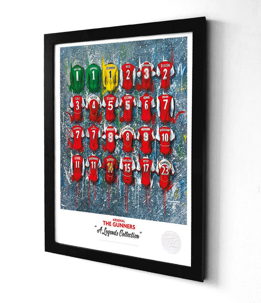 Limited edition Arsenal The Gunners Legends A3 print by Terry Kneeshaw Art featuring iconic Arsenal players in a vibrant artwork.