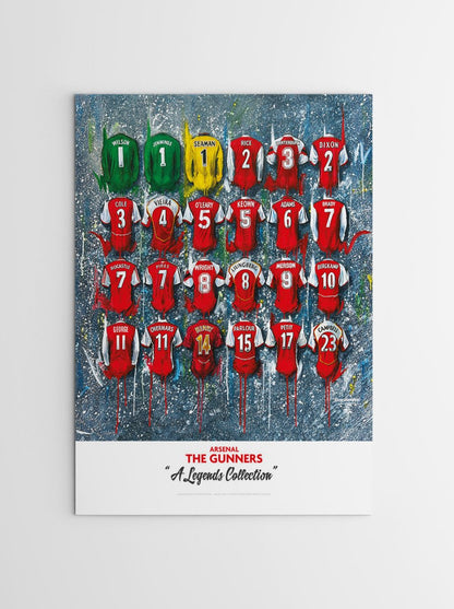 A2 signed limited edition print of Arsenal 'The Legends' shirts artwork by Terry Kneeshaw Art, showcasing detailed football shirt designs.