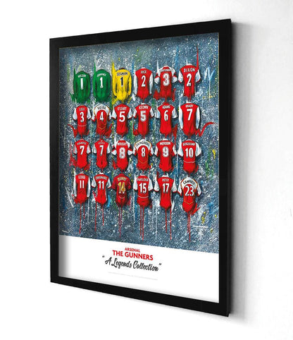 Arsenal 'The Legends' shirts limited edition print by Terry Kneeshaw Art, featuring signed A2 art print of iconic football shirts.