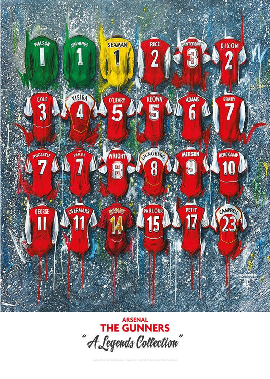 Limited edition A2 signed print of Arsenal 'The Legends' shirts artwork by Terry Kneeshaw Art, showcasing iconic football shirts.