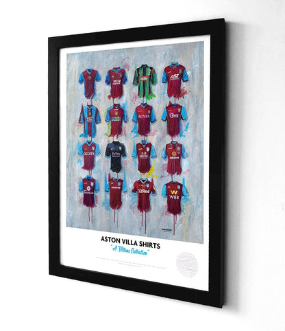 Limited edition Aston Villa A3 framed print featuring iconic football shirt wall art by Terry Kneeshaw Art.