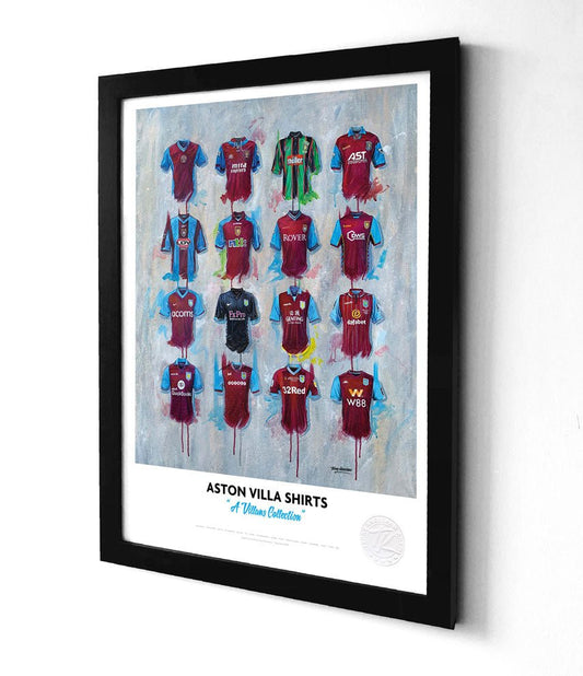 Limited edition Aston Villa A3 framed print featuring iconic football shirt wall art by Terry Kneeshaw Art.
