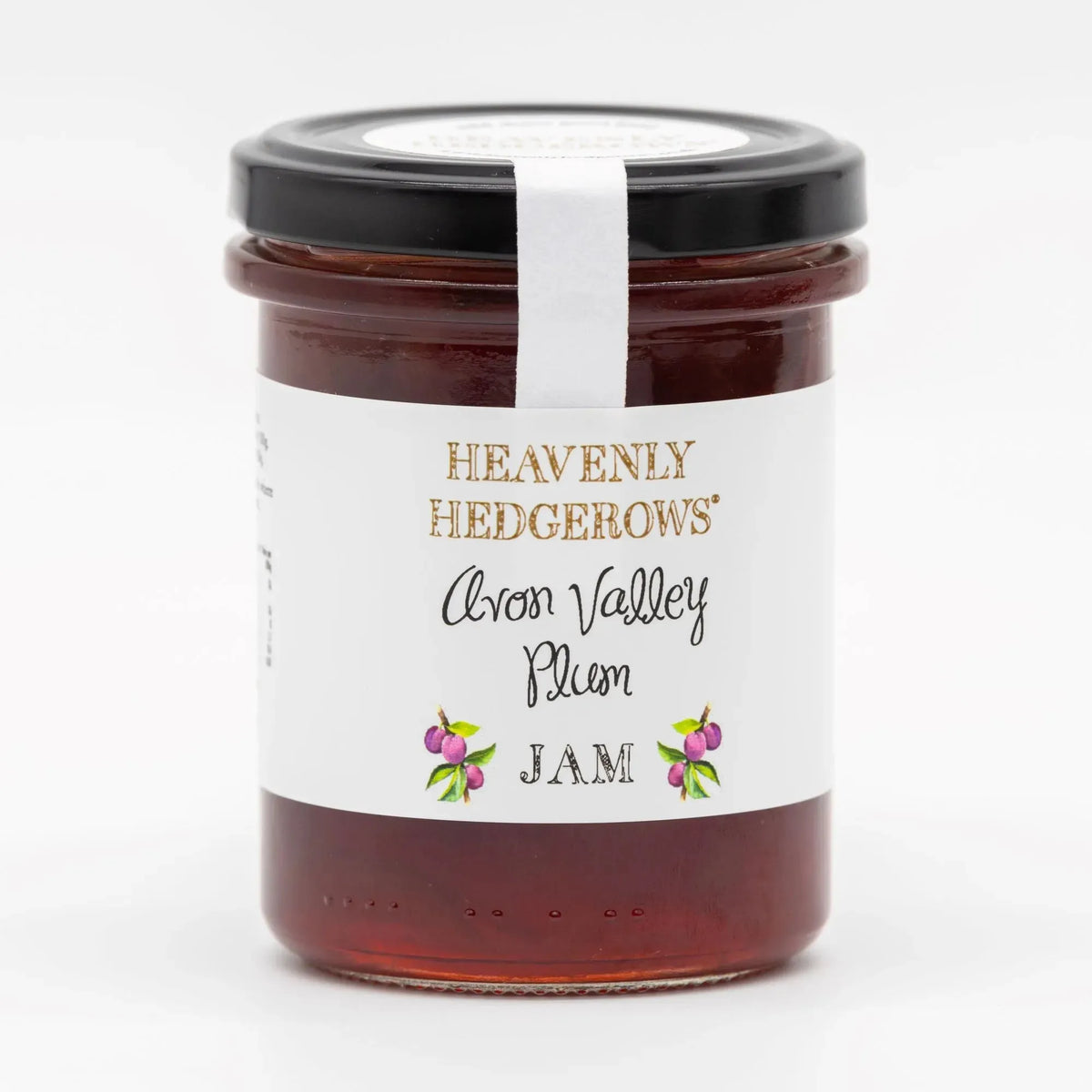 Heavenly Hedgerows Avon Valley Plum Jam jar with a label, showcasing rich purple plum jam inside.
