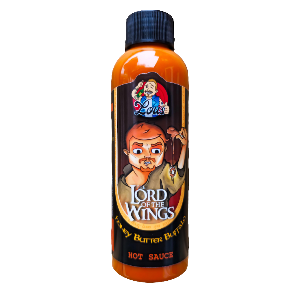 Bottle of Lou's Brews Lord of the Wings Honey Butter Buffalo sauce, a spicy and sweet condiment in a clear glass bottle.