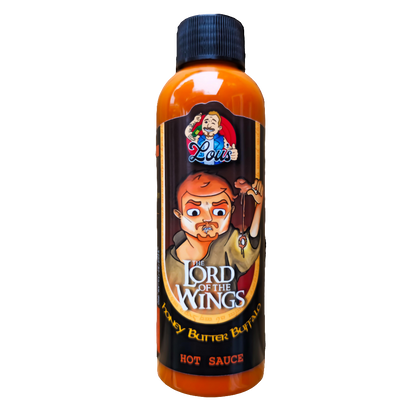 Bottle of Lou's Brews Lord of the Wings Honey Butter Buffalo sauce, a spicy and sweet condiment in a clear glass bottle.