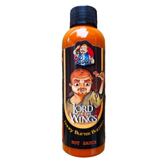 Bottle of Lou's Brews Lord of the Wings Honey Butter Buffalo sauce, a spicy and sweet condiment in a clear glass bottle.