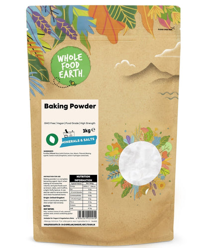 Container of Whole Food Earth high strength baking powder, a mineral and salt supplement in a clear jar with a white label.