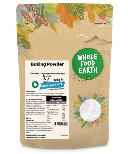 High-strength baking powder from Whole Food Earth, a mineral and salt product, shown in a clear, close-up image.