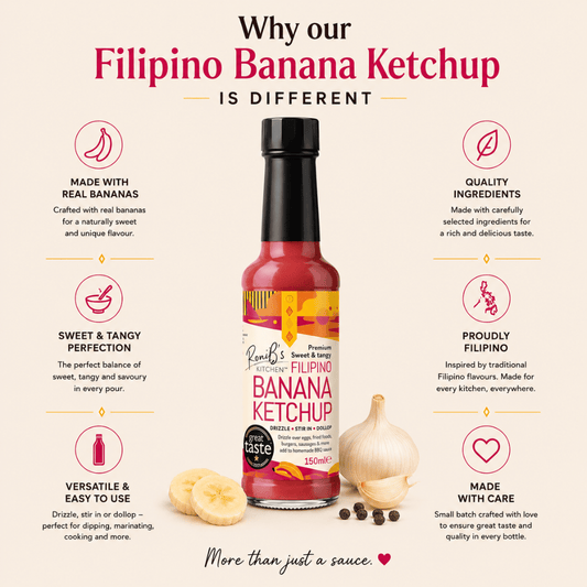 Bottle of RoniBs Kitchen Filipino-style banana ketchup, showcasing its smooth, sweet and tangy sauce in a clear glass bottle.