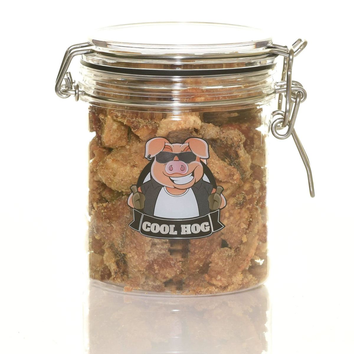 Cool Hog Snacks BBQ Flavour Pork Scratching Jar with crispy pork treats in a clear jar for dogs.