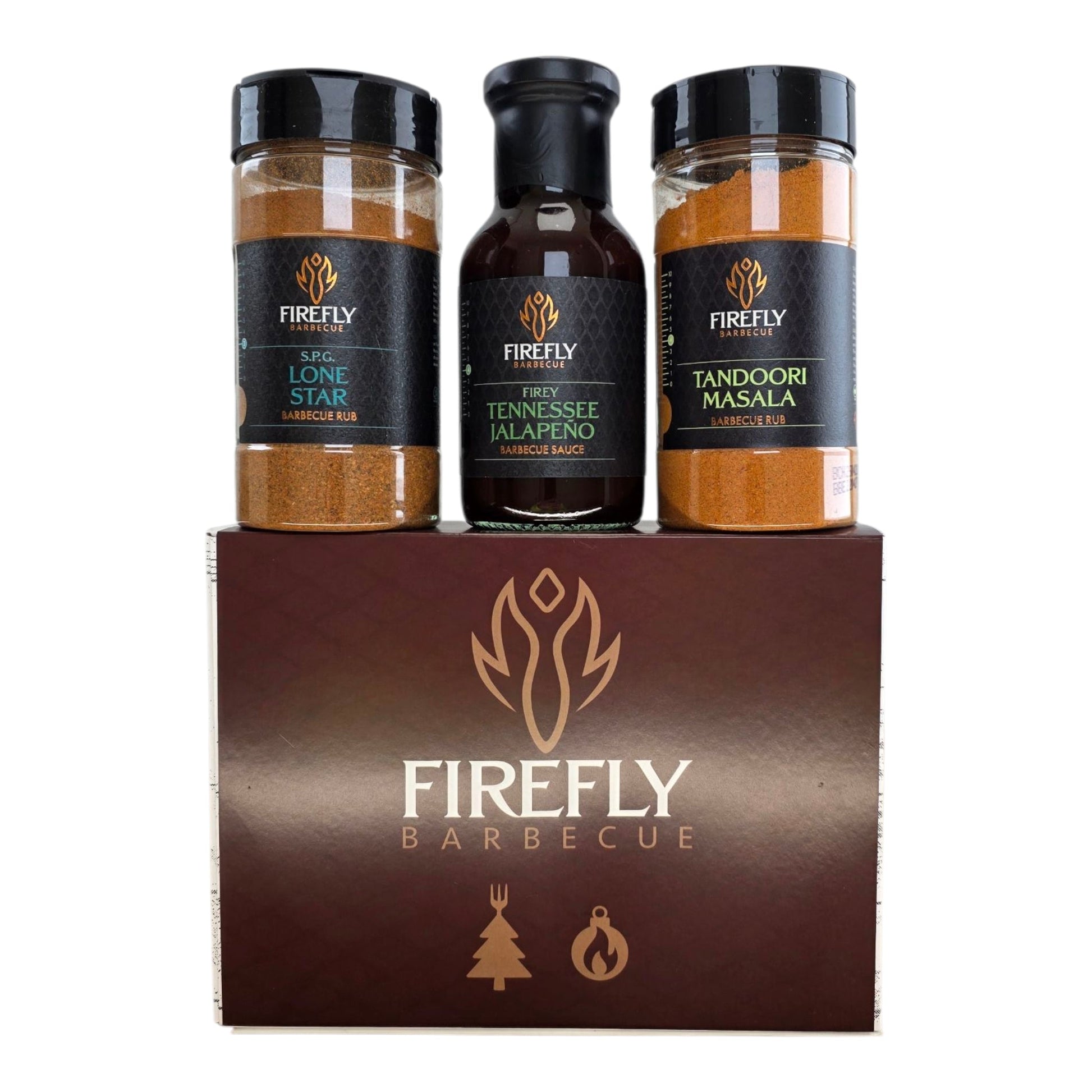 FireFly Barbecue Christmas gift box featuring award-winning BBQ rubs and sauces, perfect for holiday grilling enthusiasts.