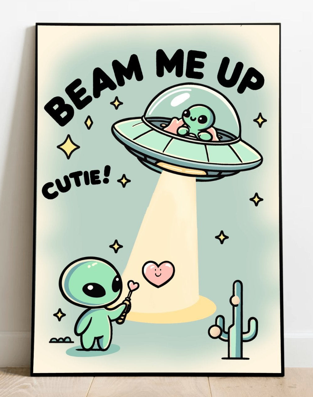 Colorful KEOLIX "Beam Me Up, Cutie" print featuring vibrant space-themed artwork on high-quality paper.