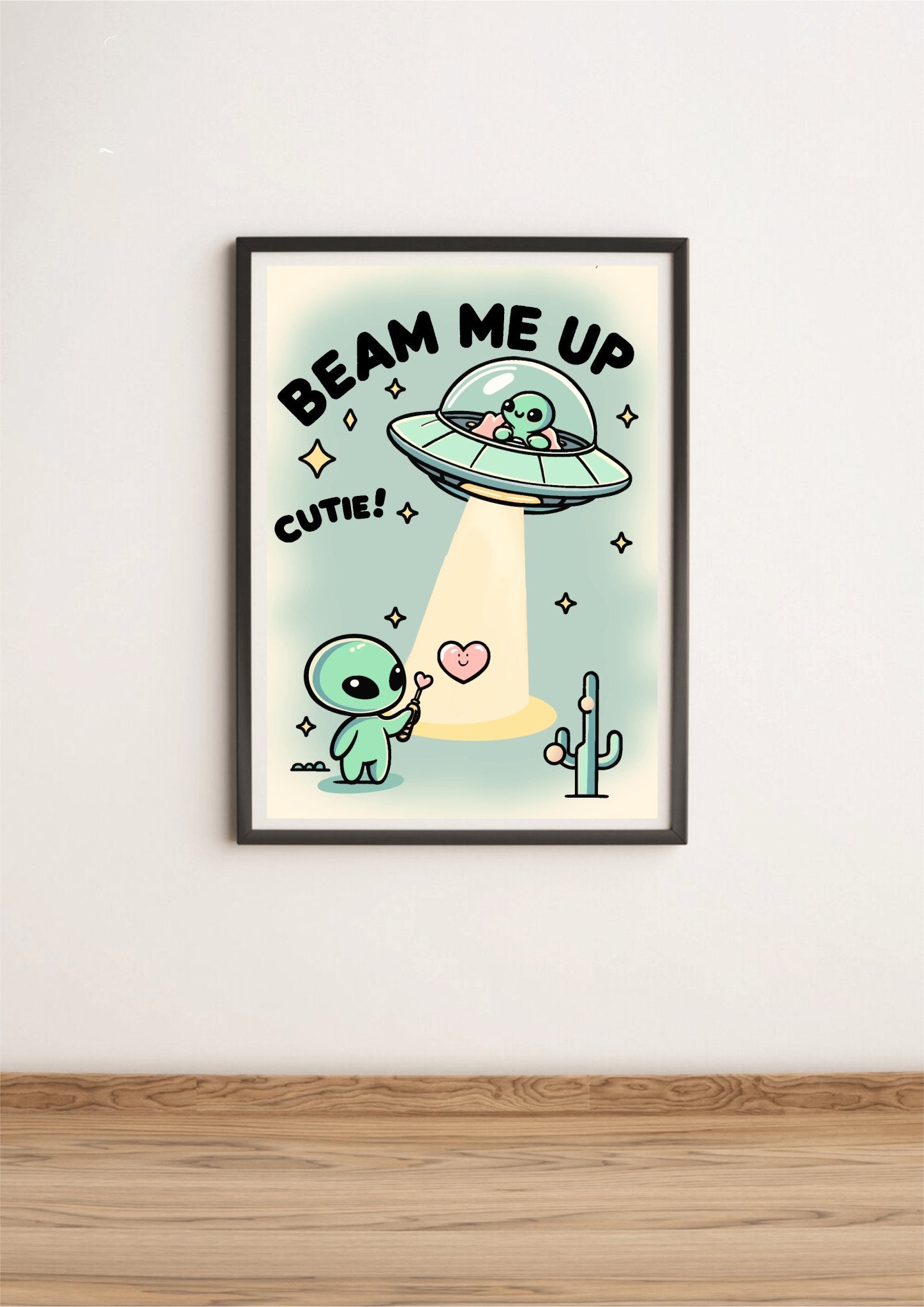 Colorful KEOLIX "Beam Me Up, Cutie" print featuring a whimsical space-themed design on high-quality paper.