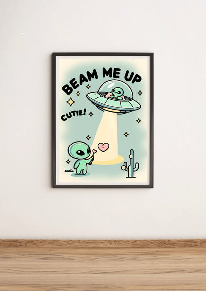 Colorful KEOLIX "Beam Me Up, Cutie" print featuring a whimsical space-themed design on high-quality paper.