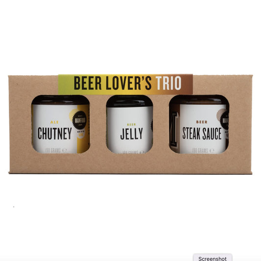 Manfood Beer Lover’s Trio gift box featuring three assorted craft beers in a stylish packaging.