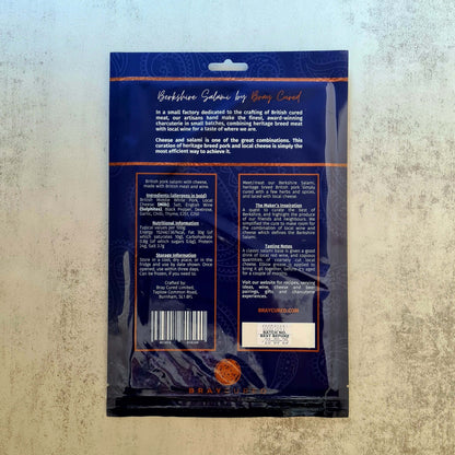 Back view of Bray Cured Berkshire Salami pack, showcasing the charcuterie sausage with detailed labeling and packaging.