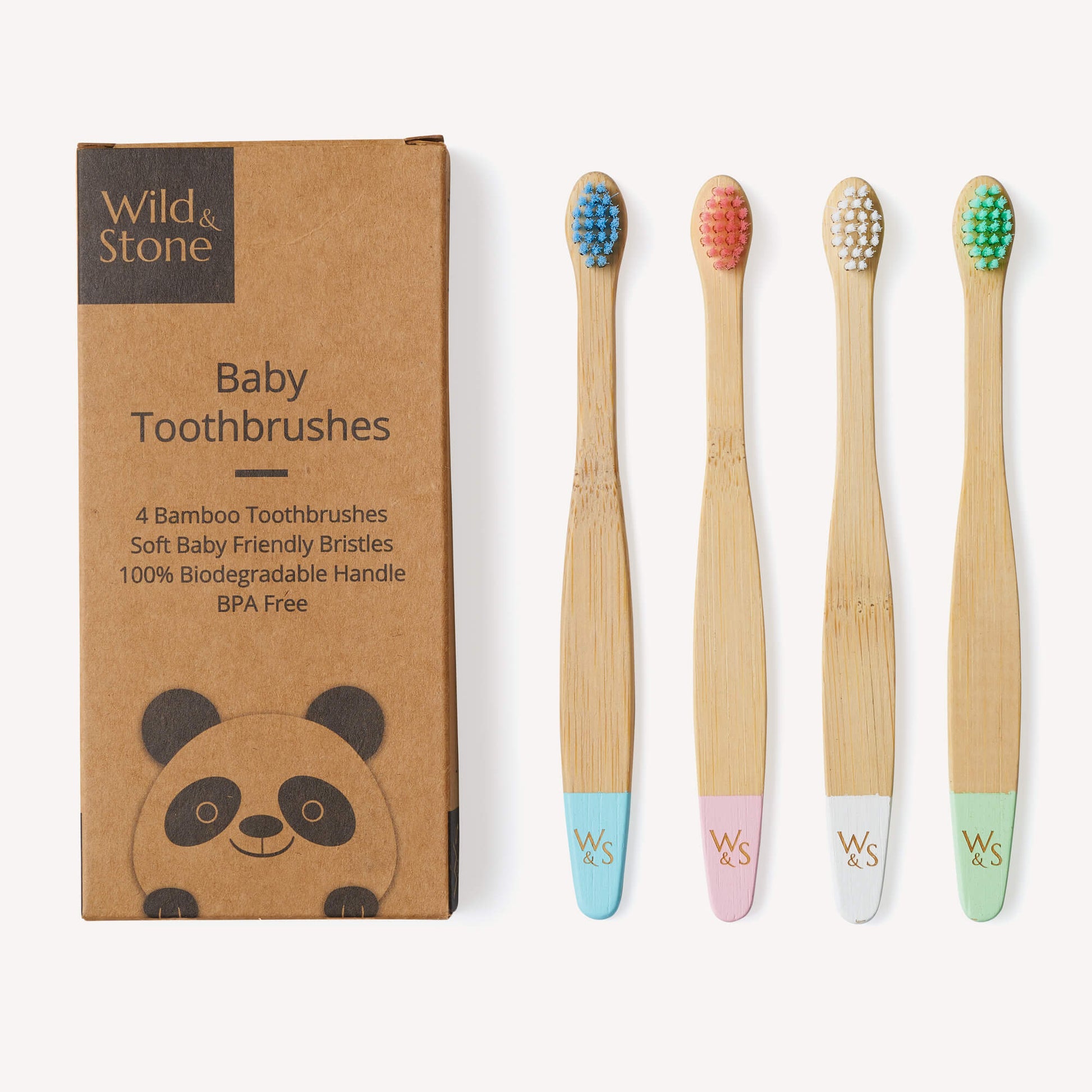 Wild and Stone baby bamboo toothbrushes with extra soft bristles in a 4-pack, eco-friendly toddler dental hygiene product