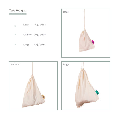 Set of three organic cotton reusable produce bags from Wild And Stone, lightweight and breathable for grocery shopping.