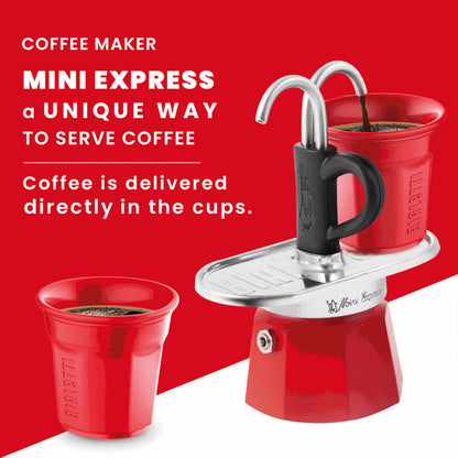 Red Bialetti Mini Express double serve coffee maker with two cups, compact Bialetti hardware for brewing espresso at home.